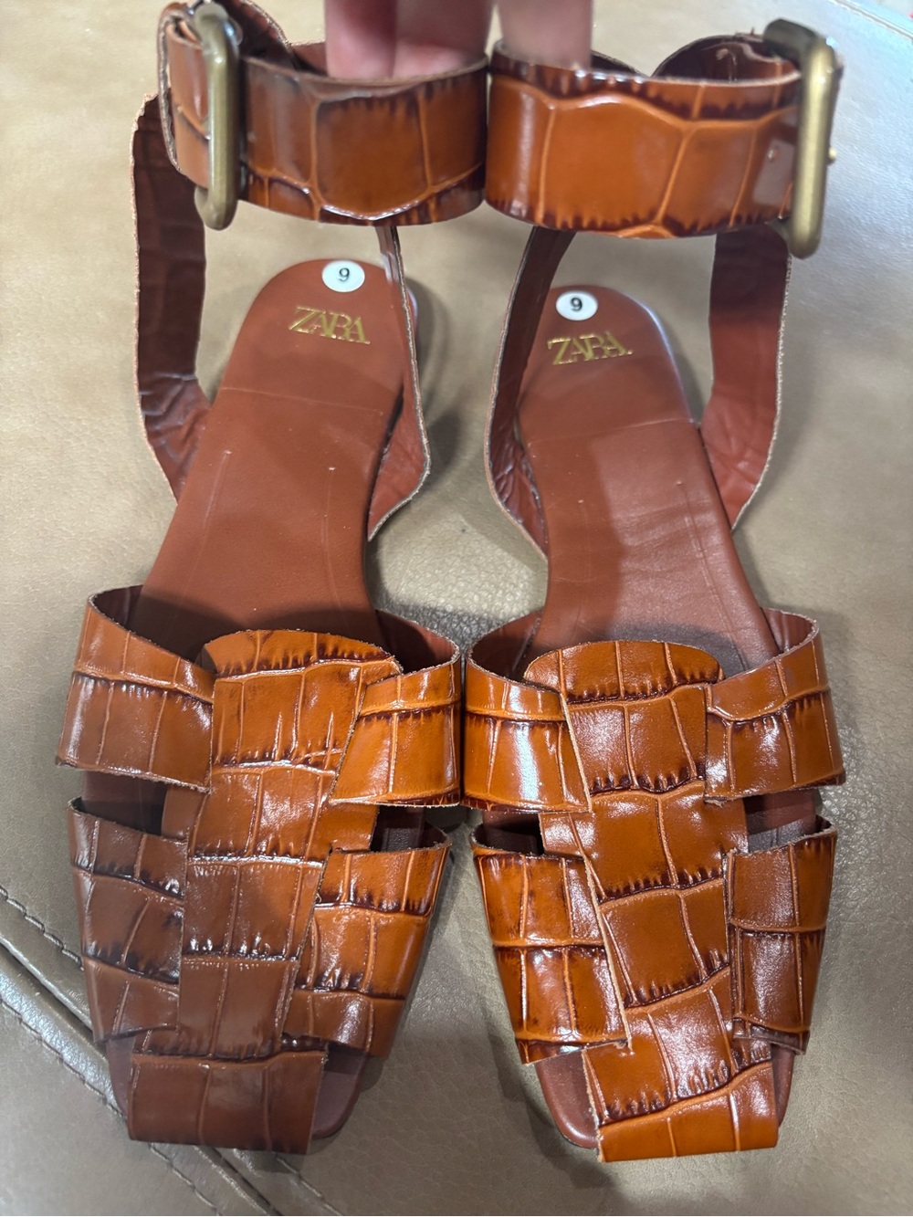 Zara Cognac Brown Woven Leather Buckle Flats - Picture 2 of 6